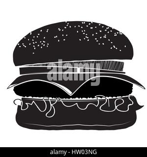 Hamburger mit einem hacken, Käse, Zwiebeln und Tomaten. Mit Sesam bestreut. Schwarz / weiß-Symbol. Stock Vektor