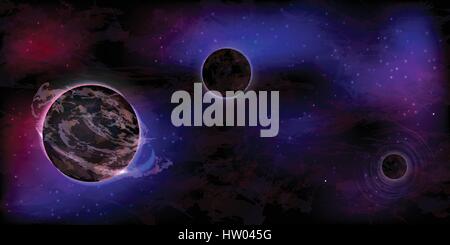 Neon-Hintergrund mit Raum und drei Planeten zu abstrahieren. Dunkle elegante Konzept. Illustration für Ihr Design. Stock Vektor