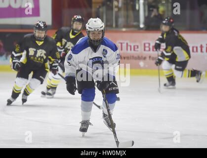 (170323)--HONG KONG, 23. März 2017 (Xinhua)--Spieler von Hong Kong Frauen-Eishockey-Team nehmen Sie eine Trainingseinheit in Mega-Eisbahn in Hongkong, Südchina, 7. März 2017. Hong Kong hat bisher 5 Eisbahnen. Diese Eisbahnen befinden sich alle in den großen Einkaufszentren, mehr Bürger kommen zu gewinnen. Hong Kongs Home Affairs Bureau, Freizeit und Cultural Services Department, sowie Hong Kong Ice Hockey Association haben gesponserten Wintersport und internationalen Winterspiele und arrangiert Trainer um Wintersport in mehr als 200 Schulen in Hong Kong zu fördern. Hong Kong Academy of Ice Hockey, wh Stockfoto