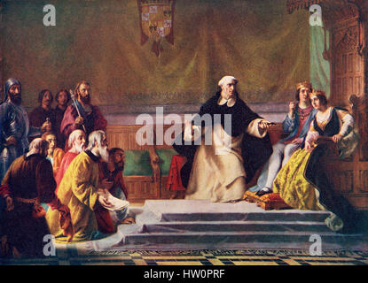 Die Vertreibung der Juden aus Spanien von Isabella i. von Kastilien und Ferdinand II von Aragon, 31 März 1492.  Isaac Ben Judah Abravanel, links, plädiert vor die Königin für die Wandelung des Edikts aber Grand Inquisitor Thomas de Torquemada, Kruzifix in der Hand, ihr überzeugt.  Hutchinson Geschichte der Nationen veröffentlichte 1915. Stockfoto