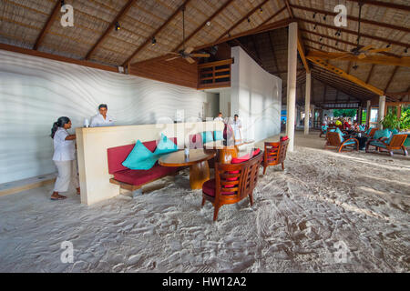 Maldives Rangali Island. Conrad Hilton Resort. Sandigen Empfangshalle. Stockfoto