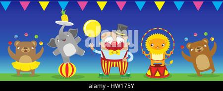 Reisen Zirkus Cartoon Symbole isoliert Sammlung wilde Tiere Leistung Vektor-Illustration. Stock Vektor