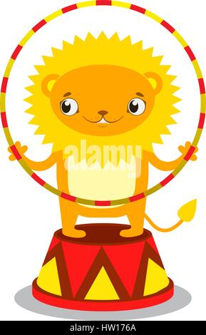 Zirkus Löwe auf einem Sockel mit einem Reifen in die Pfote. Zirkus-Konzept. Flache Cartoon-Vektor-illustration Stock Vektor