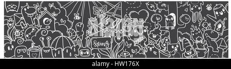 Frühling handgezeichnete doodles Banner. Cartoon-Frühling.  schwarz/weiß Kritzeleien Winter handgezeichnete Kontur Stock Vektor