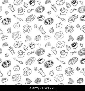 Nahtlose Muster mit handgezeichneten Doodle Dessert.  schwarz/weiß Kritzeleien Essen handgezeichnete Kontur auf einem weißen Hintergrund für Kinder Färbung Stock Vektor
