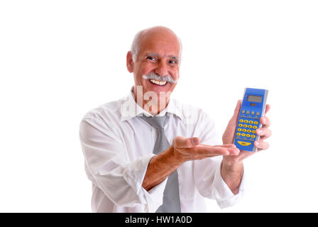 Erfolgreicher Geschäftsmann hält Unternehmen einen Taschenrechner in B scharfe Hand, erfolgreicher Geschäftsmann ist einen Rechner in seiner Hand hält *** Loc Stockfoto