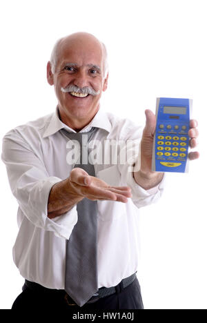 Erfolgreicher Geschäftsmann hält Unternehmen einen Taschenrechner in B scharfe Hand, erfolgreicher Geschäftsmann ist einen Rechner in seiner Hand hält *** lokalen Cap Stockfoto