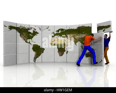 Men arbeitet mit Earth-Karte Stockfoto
