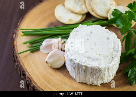 Gewürzte cremige Weichkäse mit Knoblauch und feinen Kräutern auf einer Holzplatte mit Crackern. Stockfoto