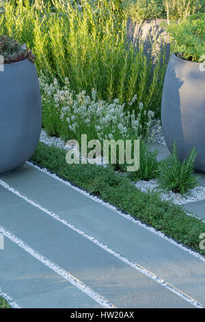 Pflanzung von Sukkulenten und Kräuter auf dem RHS Hampton Court Show Gärten 2015 - Living Landscapes: Heilung Stadtgarten, Silbermedaille Schuld, Designed von Stockfoto