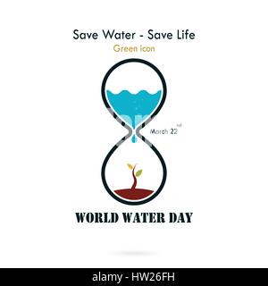 Wasser Tropfen und Sanduhr-Symbol mit kleiner Baum Symbol Vektor-Logo Design-Vorlage. World Water Day Symbol. World Water Day Idee Kampagnenkonzept für Gruß Stock Vektor