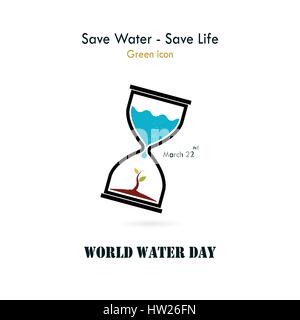 Wasser Tropfen und Sanduhr-Symbol mit kleiner Baum Symbol Vektor-Logo Design-Vorlage. World Water Day Symbol. World Water Day Idee Kampagnenkonzept für Gruß Stock Vektor
