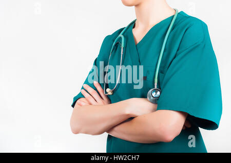 Junge attraktive Arzt, Chirurg, Krankenschwester mit Stethoskop Stockfoto
