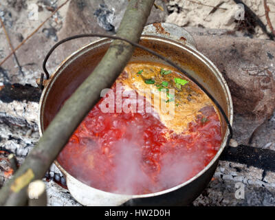 Borschtsch (ukrainische traditionelle Suppe) kochen in rußigen Kessel am Lagerfeuer im Wald. Selektiven Fokus. Stockfoto