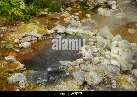 Geothermischen Pool Wasser sprudeln aus eingeschliffen Vulkanlandschaft von Furnas Tal, Sao Miguel Island, Portugal Stockfoto