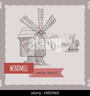 Hölzerne Windmühle und Hügel Landschaft hand gezeichnete Vektor Skizze. Stock Vektor