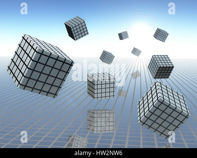 Rasterebene auf Horizon Sky mit abstrakten Cube Graphen in Motion, 3d Illustration. Stockfoto