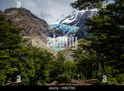 Gletscher Piedras Blancas, gesehen aus Sicht auf Wanderung vom Hosteria El Pilar zum Nationalpark Los Glaciares, Patagonien, Laguna de Los Tres, El Chalten, Stockfoto