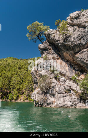 Turkei. Große Tiefen See in den Bergen. Felsige Küste mit Kiefern wachsen auf sie. Sauberes Wasser, so dass Zucht-Forellen. Stockfoto