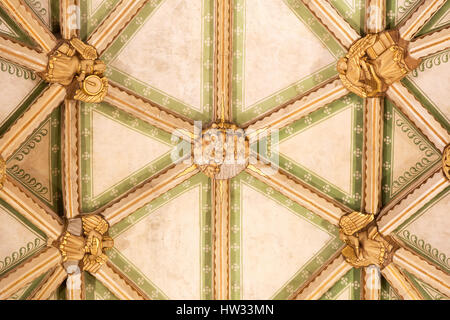 Tewkesbury Abbey Innenraum - die Decke Bosse im Kirchenschiff, Tewkesbury, Gloucestershire England UK Stockfoto