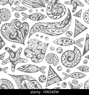 Nahtloses Reisen marine Unterwasserwelt Textur mit dekorativen Wellen, Muscheln und Fische für Papier und Textil-design Stock Vektor