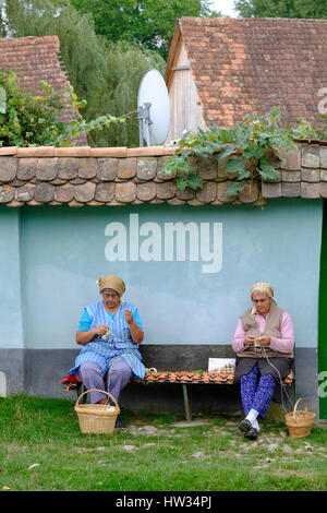 Zwei alte Frauen stricken Socken in der Stadt von Deutsch-Weißkirch, Rumänien. Deutsch-Weißkirch ist ein Heratige der UNESCO. Stockfoto