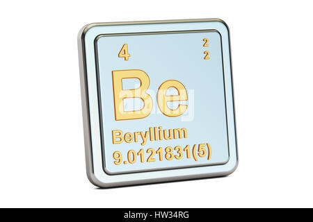 Beryllium sein Chemisches Element Zeichen. 3D-Rendering isoliert auf weißem Hintergrund Stockfoto