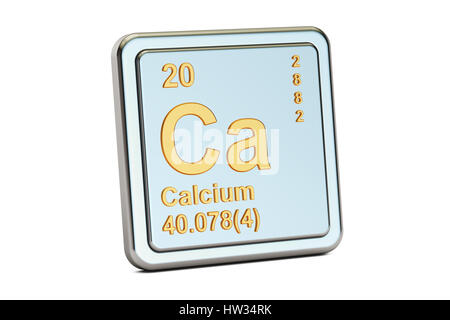 Calcium Ca, Chemisches Element Zeichen. 3D-Rendering isoliert auf weißem Hintergrund Stockfoto