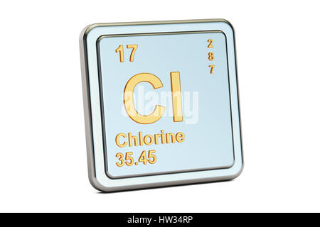 Chlor Cl, Chemisches Element Zeichen. 3D-Rendering isoliert auf weißem Hintergrund Stockfoto