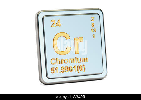 Chrom Cr, Chemisches Element Zeichen. 3D-Rendering isoliert auf weißem Hintergrund Stockfoto