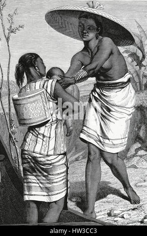 Dayak Frauen kümmert sich ein Kind um 1860.  des 19. Jahrhunderts. Borneo. Gravur. Stockfoto