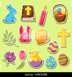Glücklich Ostern Reihe von dekorativen Objekten, Eiern und Hasen Aufkleber Stock Vektor