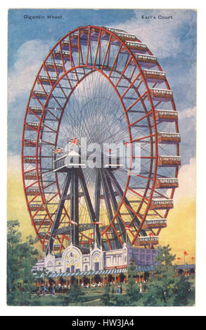 Edwardian Hand getönt Postkarte von The Great Wheel, Earls Court, London. Das Riesenrad wurde errichtet für das Reich von Indien Ausstellung, Earls Court, London in 1894.It wurde im Jahre 1907 demontiert. Diese Postkarte ist circa 1905 datiert, Stockfoto