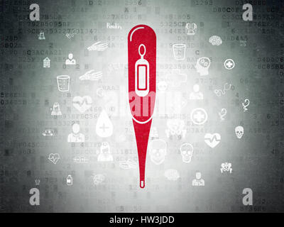 Medizinisches Konzept: roten Thermometer-Symbol auf digitale Daten Papierhintergrund mit Hand gezeichnet Medizin Ikonen gemalt Stockfoto