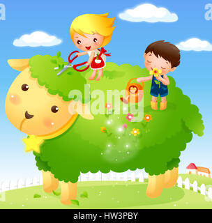 Biegen, blonde Haare, Jungen, junge, Männer, braune Haare, Cartoon, lässige Kleidung, Kinder nur, Clipart, Cloud, Farbe, Farbe, Farbe, Bild, Computer Graphics, Schneiden, Tag, digital erzeugten Bild, Zaun, Feld, Blume, Vorderansicht, voll Stockfoto