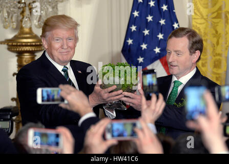 Washington DC, USA. 16. März 2017. US-Präsident Donald J. Trump akzeptiert links, eine Schüssel mit Kleeblätter von Premierminister (Taoiseach) Enda Kenny von Irland im Rahmen eines Empfangs im East Room des weißen Hauses in Washington, DC am 16. März 2017. Bildnachweis: Olivier Douliery/Pool über CNP/MediaPunch/Alamy Live News Stockfoto