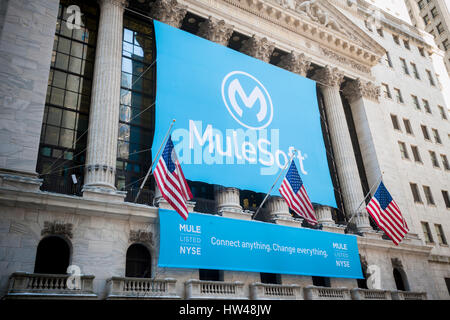 New York, USA. 17. März 2017. Der New York Stock Exchange ist für das Technologie-Unternehmen Mulesoft Börsengang auf Freitag, 17. März 2017 eingerichtet. Mulesoft, ein Technologie-Unternehmen verkauft api (Programmierschnittstelle) Technologie ermöglicht es Unternehmen, Business-Anwendungen aus einer Vielzahl von unterschiedlichen Datenquellen integrieren. (© Richard B. Levine) Bildnachweis: Richard Levine/Alamy Live-Nachrichten Stockfoto
