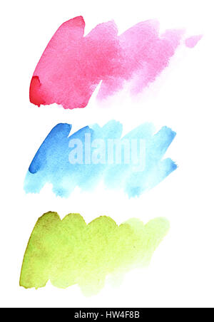 Satz von Aquarell Pinselstriche verschiedener Farben auf dem weißen Hintergrund isoliert. Lebendige Elemente für Ihr Design und Räume für text Stockfoto