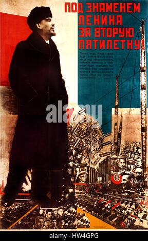 Unter dem Banner von Lenin auf den zweiten Fünfjahresplan von Sergej Jakowlewitsch Senkin russische Propaganda - Werbung poster Russland UDSSR (Russische Revolution 1917 - 1952) Stockfoto