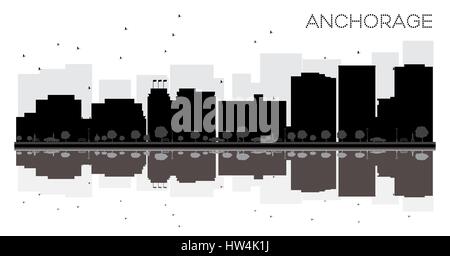 Anchorage Skyline der Stadt schwarze und weiße Silhouette mit Reflexionen. Vector Illustration. einfache flache Konzept für Tourismus Präsentation, Banner, Plakat Stock Vektor