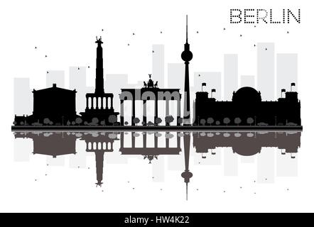 Berlin Skyline schwarz-weiß Stadtsilhouette mit Reflexionen. Vektor-Illustration. Einfache flache Konzept für Tourismus Präsentation, Banner, Plakat Stock Vektor