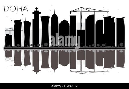 Doha City Skyline schwarz-weiß Silhouette mit Reflexionen. Vektor-Illustration. Einfache flache Konzept für Tourismus Präsentation, banner Stock Vektor