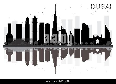 Dubai City Skyline schwarze und weiße Silhouette mit Reflexionen. Vector Illustration. einfache flache Konzept für Tourismus Präsentation, Banner Stock Vektor