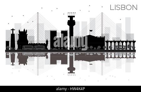 Lissabon City Skyline schwarze und weiße Silhouette mit Reflexionen. Vector Illustration. einfache flache Konzept für Tourismus Präsentation, Banner Stock Vektor