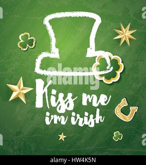 St. Patricks Day Background mit Klee Blätter, Hufeisen und goldenen Sternen. Vektor-Illustration. Stock Vektor