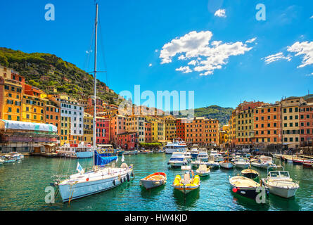 Camogli Marina Hafen, Boote und typischen bunten Häusern. Reisen Sie Reiseziel Ligurien, Italien, Europa. Stockfoto