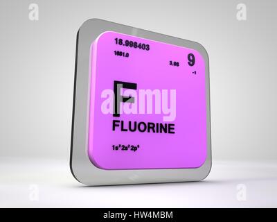 Fluor - F - Chemisches Element Periodensystem 3d render Stockfoto