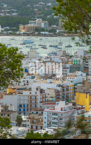 Blick durch die Bäume, vom Hang des nahe gelegenen Stadt natürlich umrahmen: San Antonio Sant Antoni de Portmany auf die Balearen, Ibiza, Spanien. Stockfoto