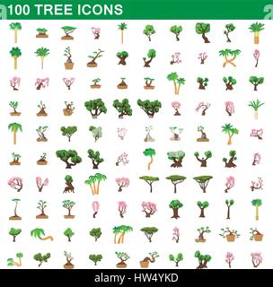 100 Baum Icons set, cartoon-Stil Stock Vektor