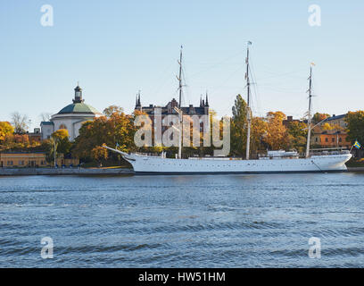 Segelschiff af Chapman, jetzt eine Jugendherberge vertäut aus Insel Skeppsholmen, Stockholm, Schweden, Scandinavia. Stockfoto